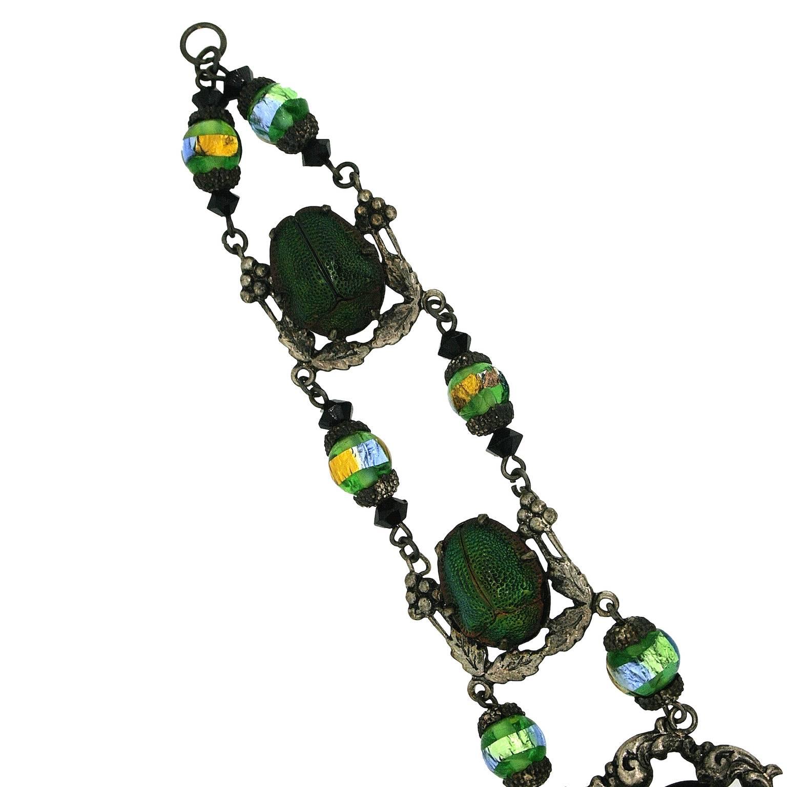 Late Victorian Late 1800s Beetle and Peacock Foil Glass Bead Antique Bracelet For Sale