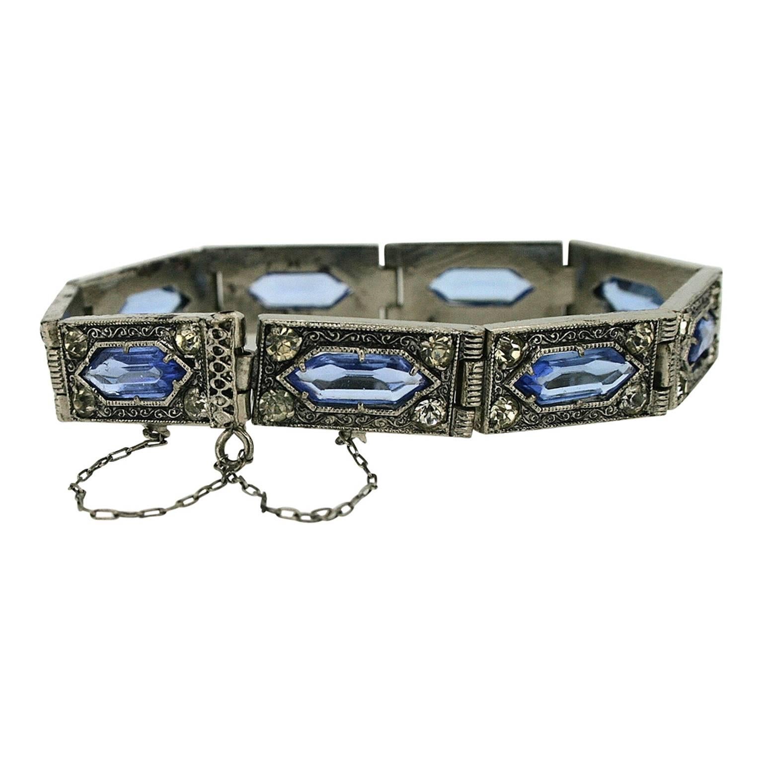 Women's 1920s Blue Glass Art Deco Design Vintage Bracelet For Sale