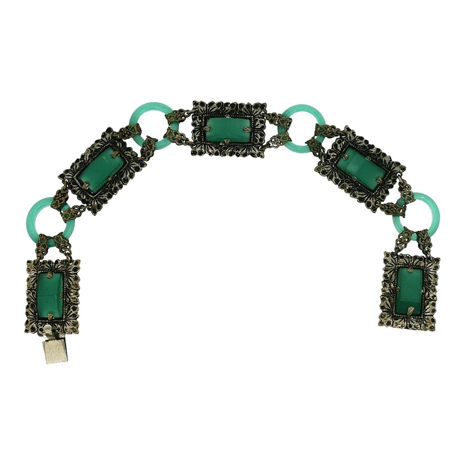 1920s Green Glass and Silver Filigree Vintage Bracelet For Sale