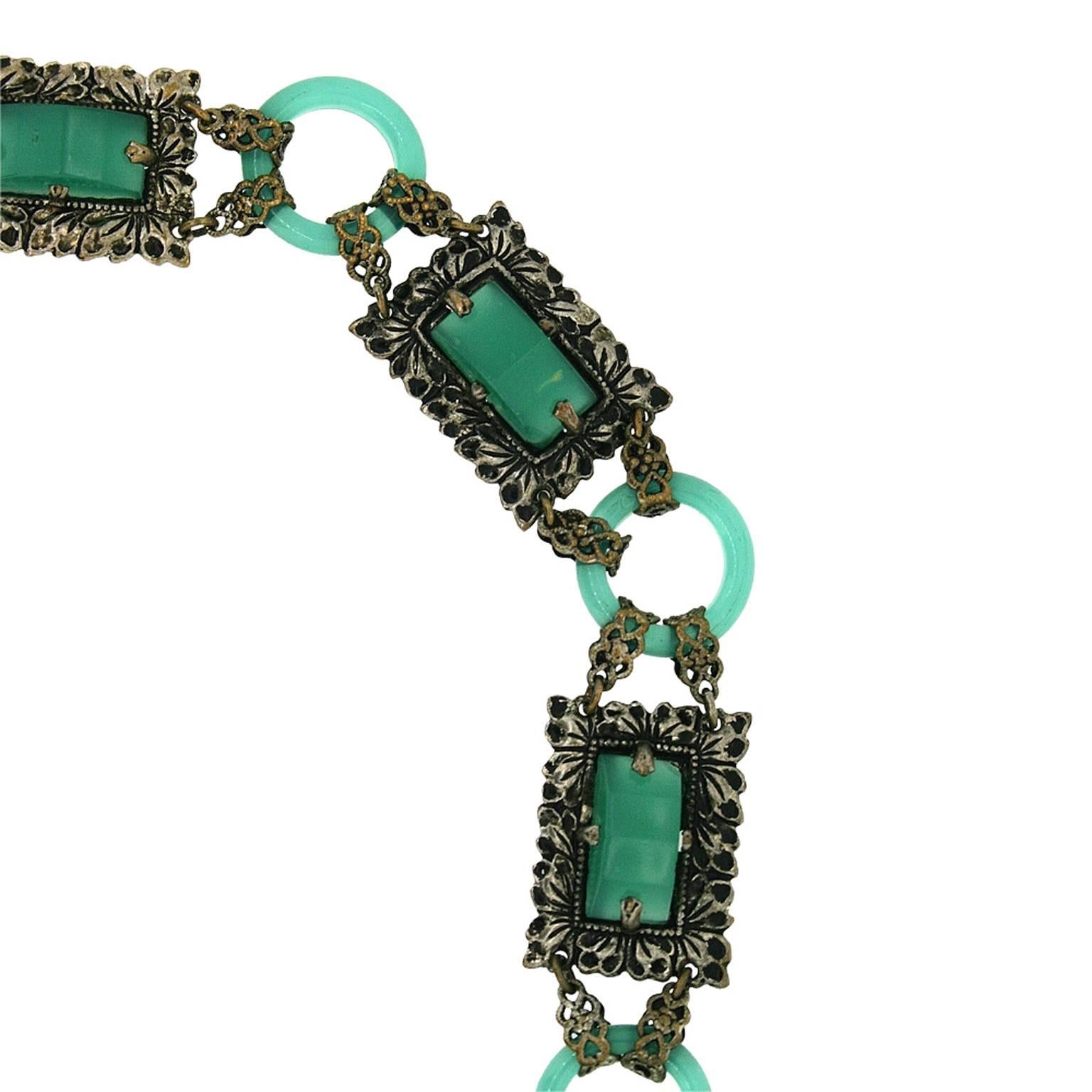 Art Deco 1920s Green Glass and Silver Filigree Vintage Bracelet For Sale