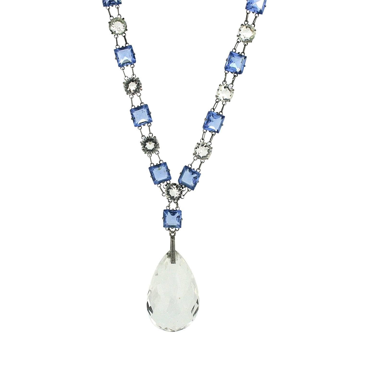 Art Nouveau 1910s Sterling Silver Glass Teardrop Pendant Vintage Necklace