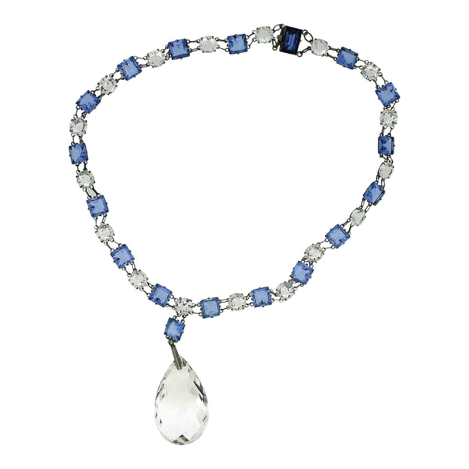 1910s Sterling Silver Glass Teardrop Pendant Vintage Necklace