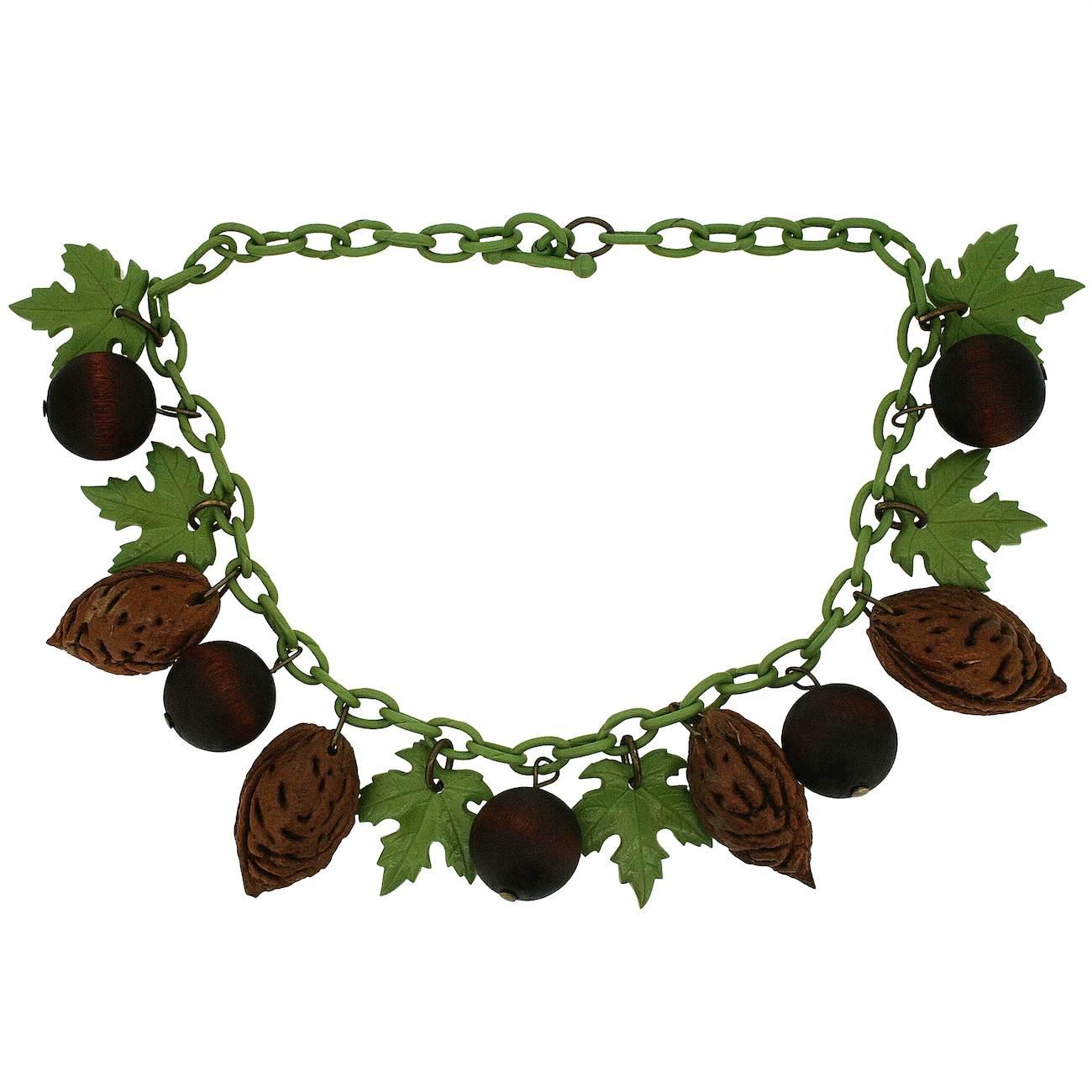 1930s Celluloid and Wood Leaf and Nut Vintage Necklace