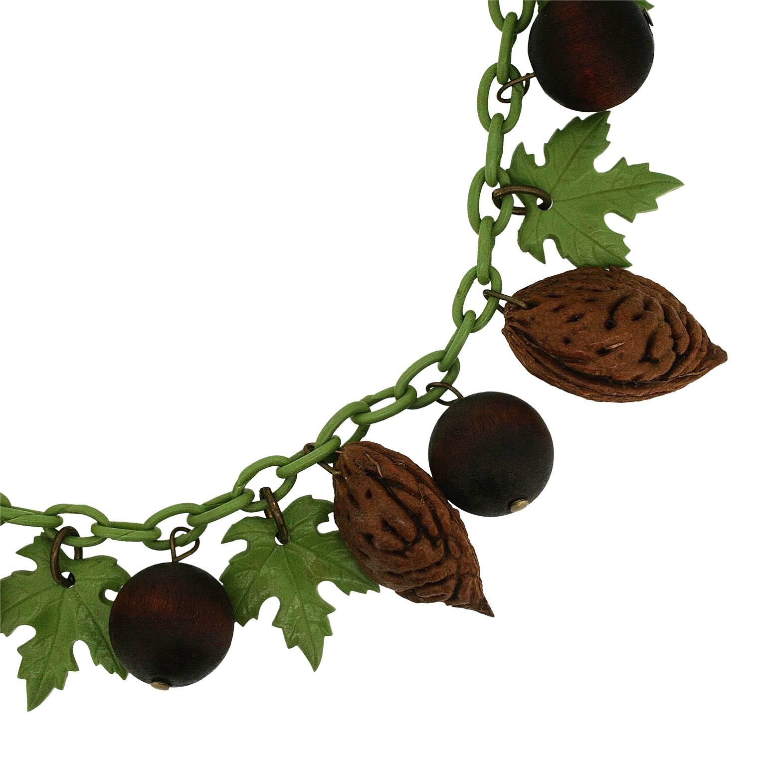 Women's 1930s Celluloid and Wood Leaf and Nut Vintage Necklace