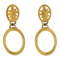 Givenchy 1980s Gold Tone Leaf Design Vintage Hoop Earrings