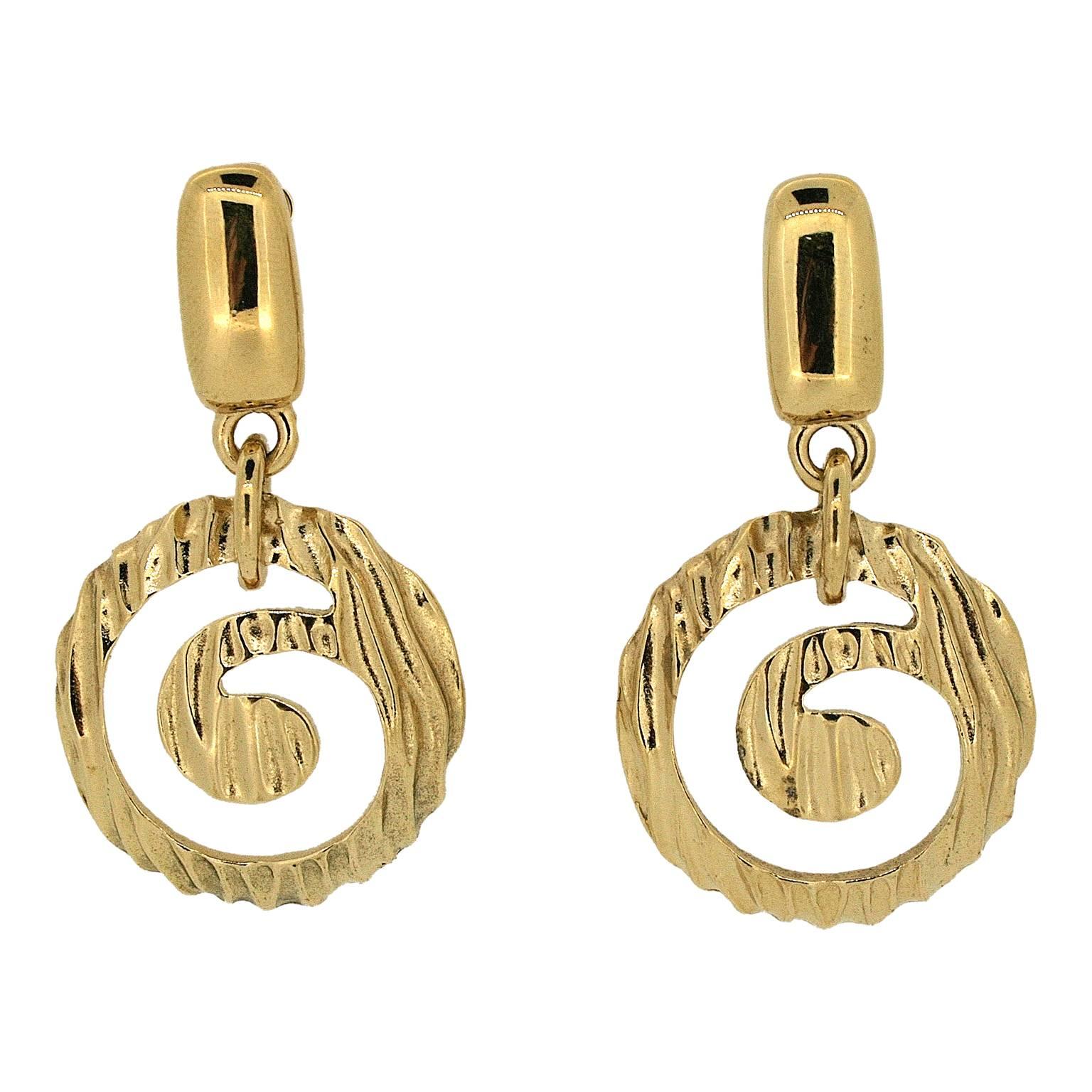 Givenchy 1980s Gold Tone Swirl Design Vintage Drop Earrings For Sale