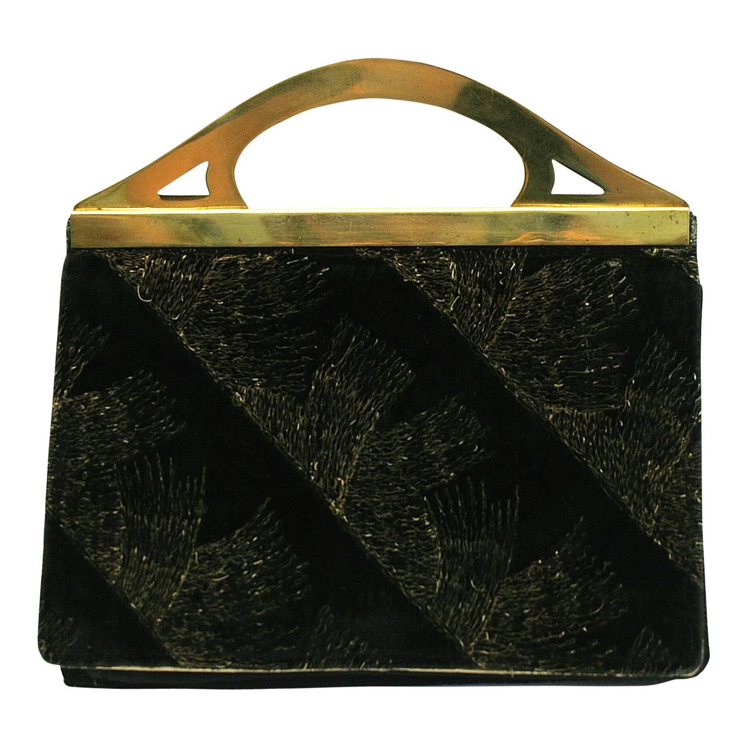 DRGM 1900s Art Nouveau Velvet and Brass Vintage Evening Bag For Sale