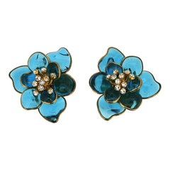 Gripoix 1960s Turquoise Poured Glass and Rhinestone Retro Flower Earrings