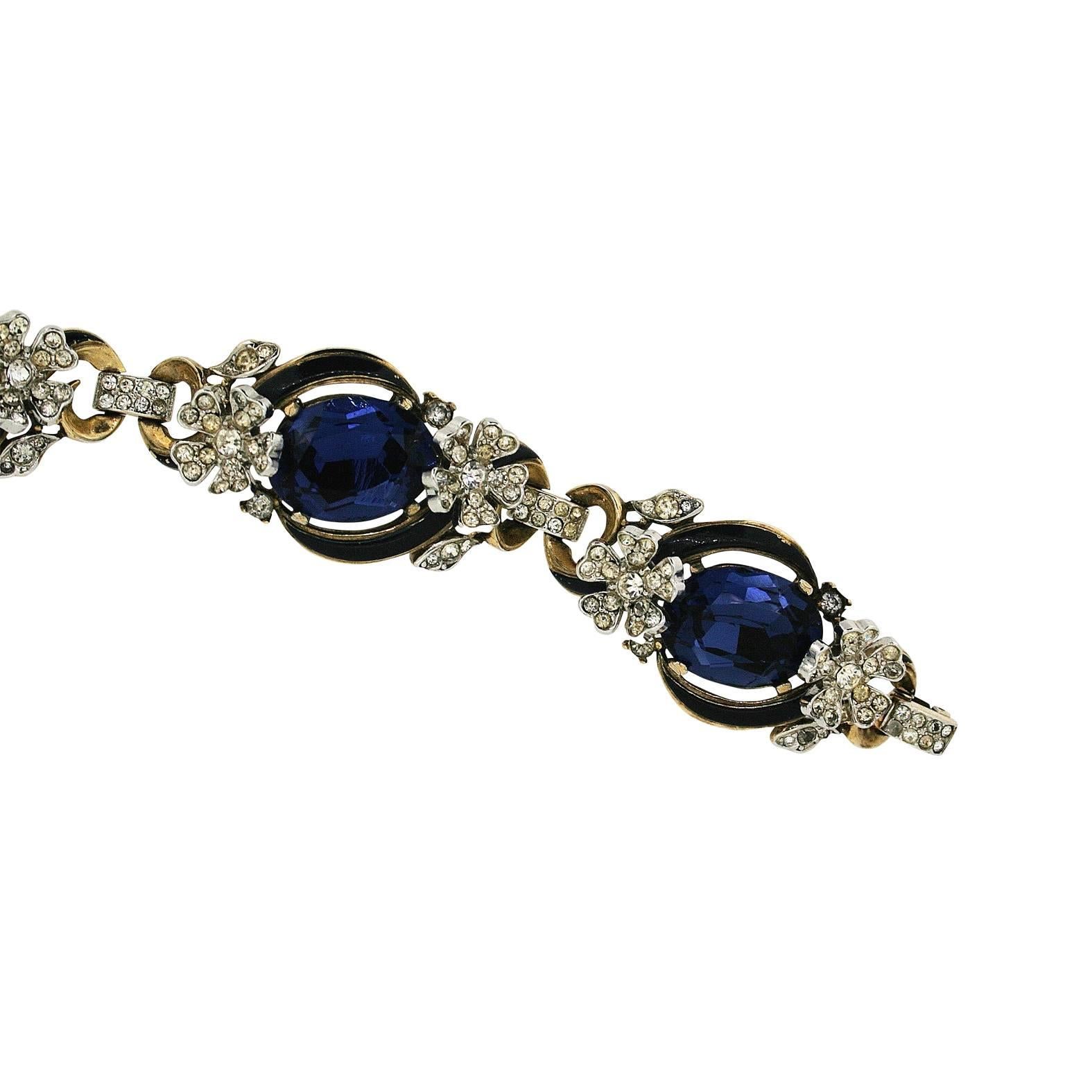 Trifari 1940s Gold Vermeil and Sapphire Rhinestone with Enamel Floral Vintage Br In Good Condition In Wigan, GB