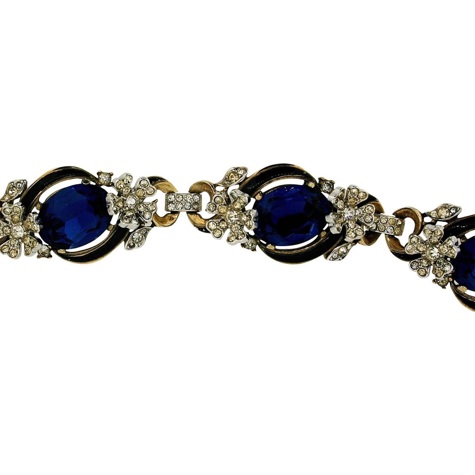 Women's Trifari 1940s Gold Vermeil and Sapphire Rhinestone with Enamel Floral Vintage Br