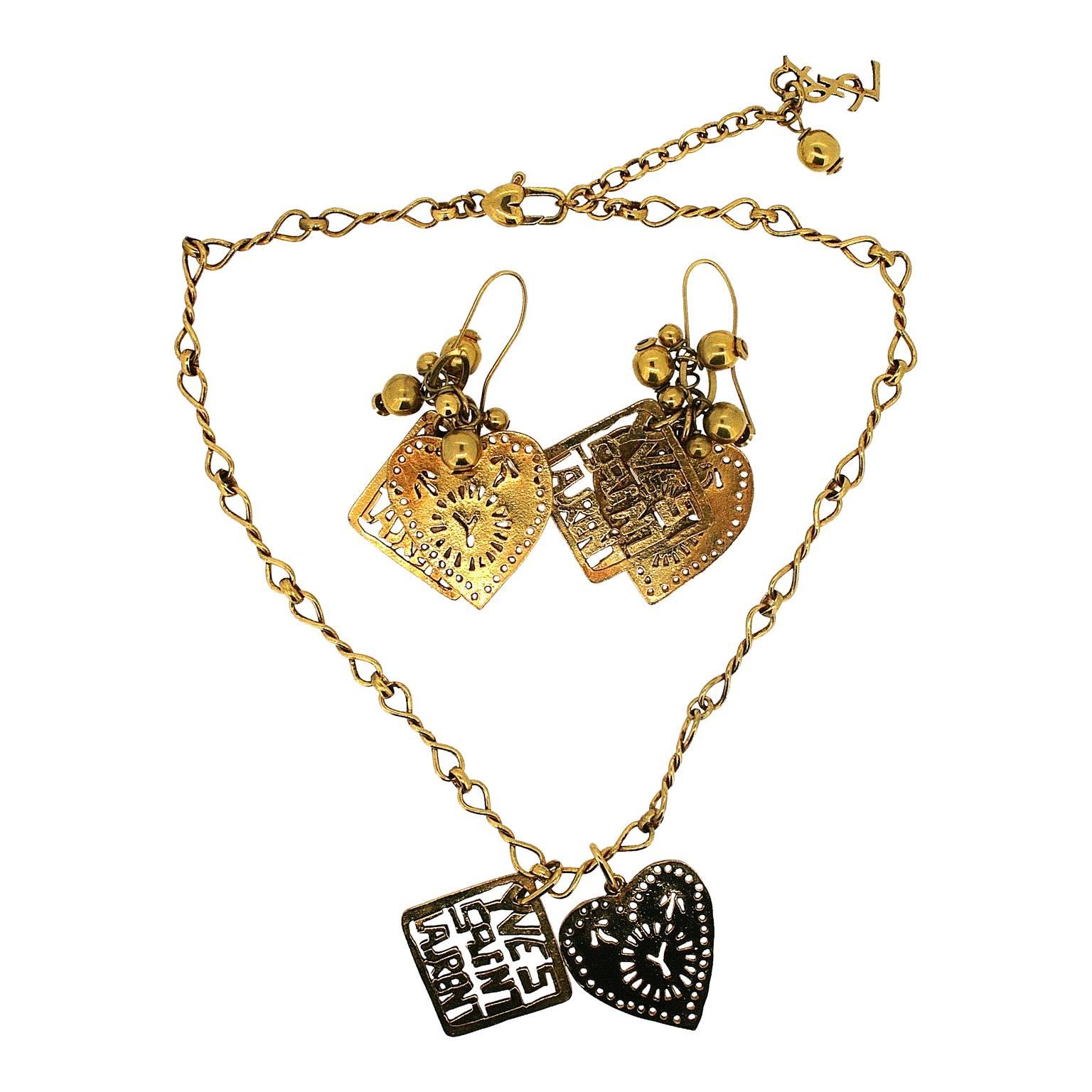 Yves Saint Laurent 1980s Hearts and Logos Vintage Earrings and Necklace Set For Sale