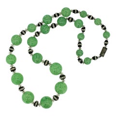 1920s French Green Glass Bead and Rhinestone Rondelle Vintage Necklace