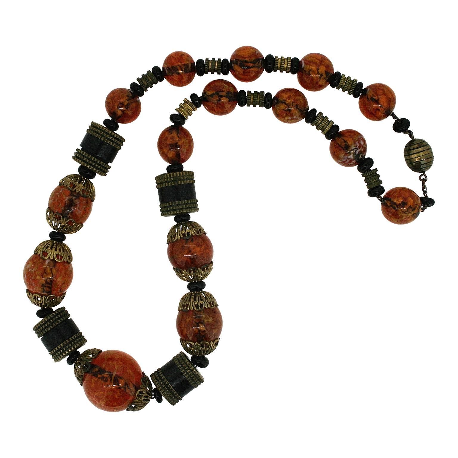 1930s Czechoslovakian Marbled Amber Glass and Wooden Bead Vintage Necklace For Sale