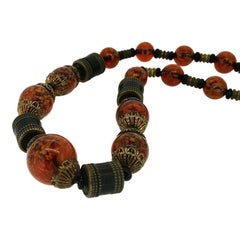 1930s Czechoslovakian Marbled Amber Glass and Wooden Bead Vintage Necklace
