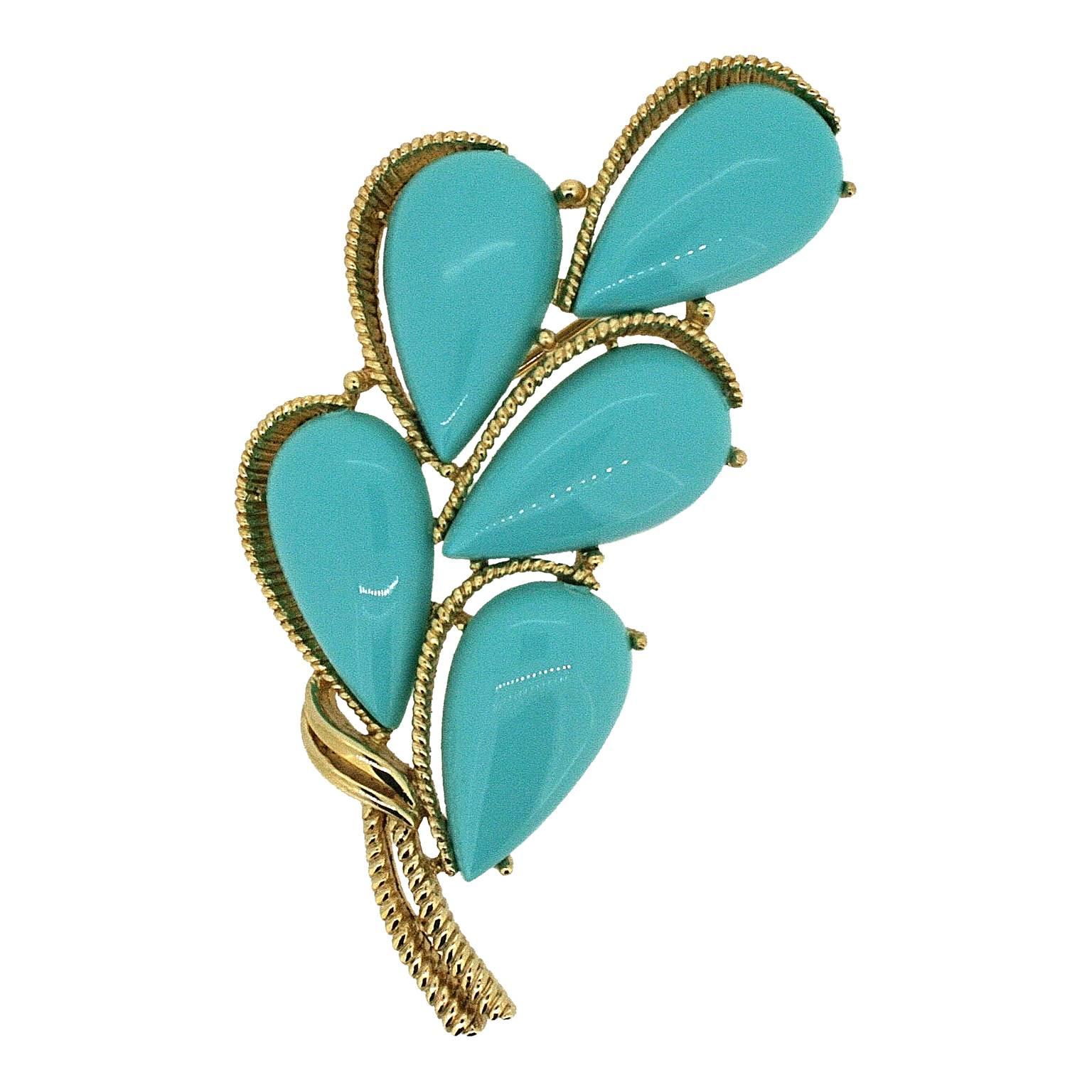 Women's Trifari 1960s Turquoise Cabochon Brooch and Earrings Set For Sale