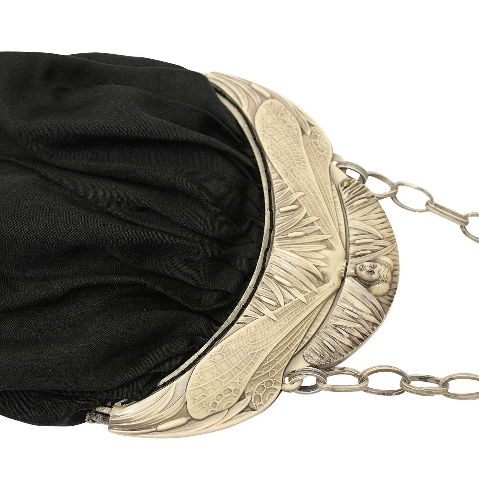 Women's 1910s Art Nouveau Black Silk and Celluloid Vintage Evening Bag