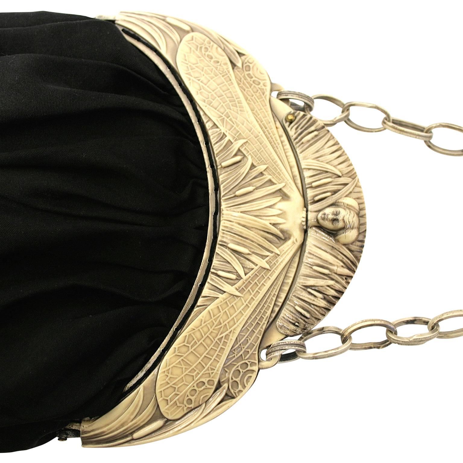 1910s Art Nouveau Black Silk and Celluloid Vintage Evening Bag 2