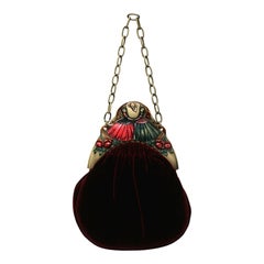 1920s Burgundy Velvet and Hand Painted Celluloid Vintage Evening Bag
