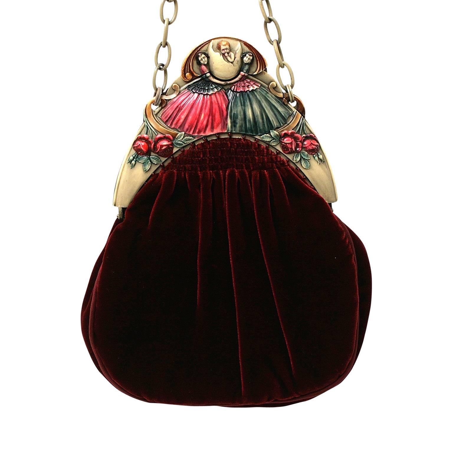1920s Burgundy Velvet and Hand Painted Celluloid Vintage Evening Bag For Sale