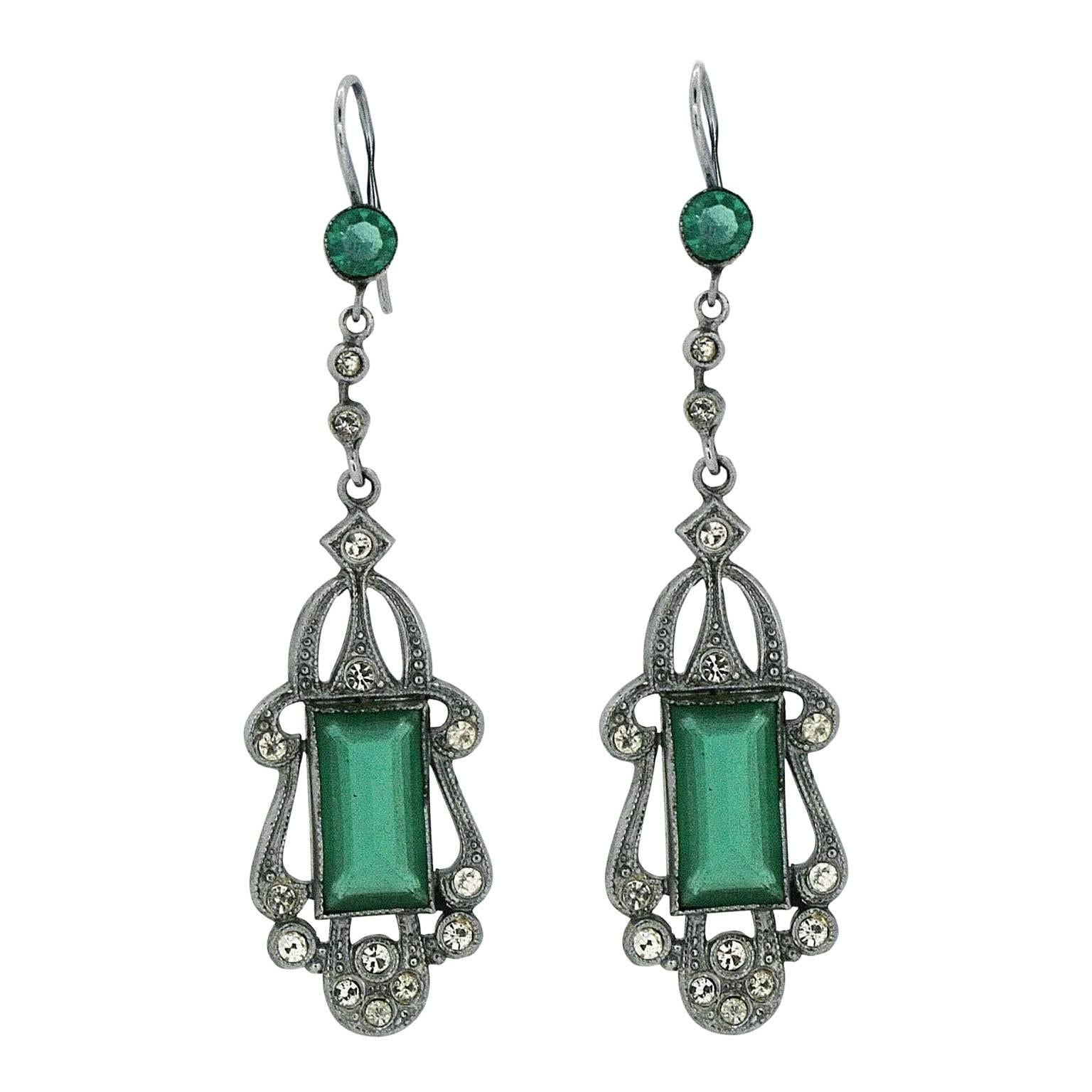 Art Nouveau 1910s Green Glass Vintage Earrings For Sale