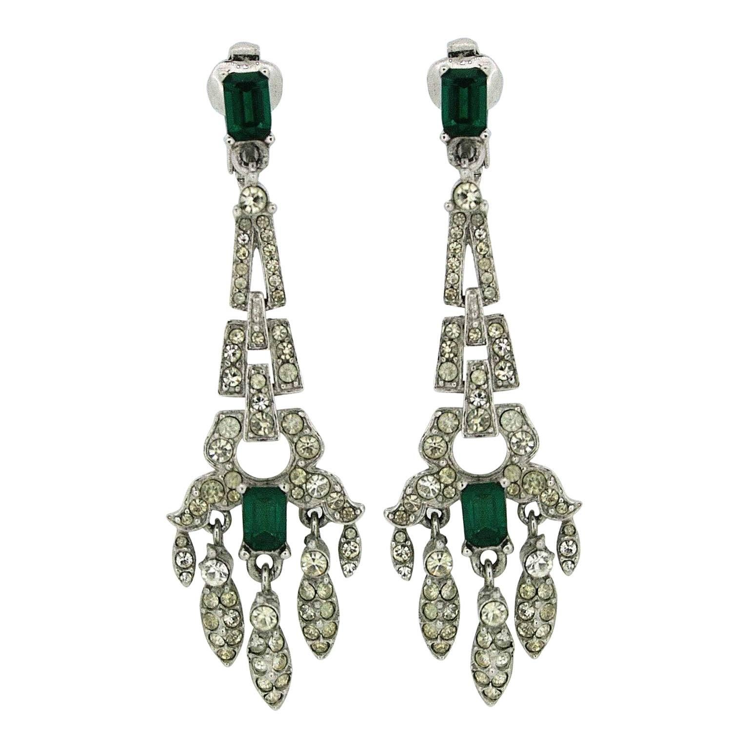 1950s Emerald Green Rhinestone Vintage Drop Earrings