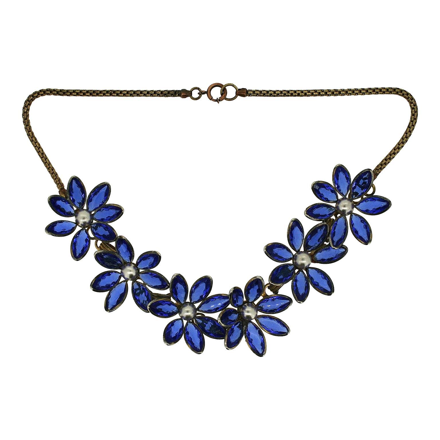 1940s Blue Rhinestone and Faux Pearl Vintage Flower Necklace  For Sale