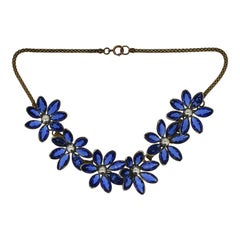 1940s Blue Rhinestone and Faux Pearl Vintage Flower Necklace 