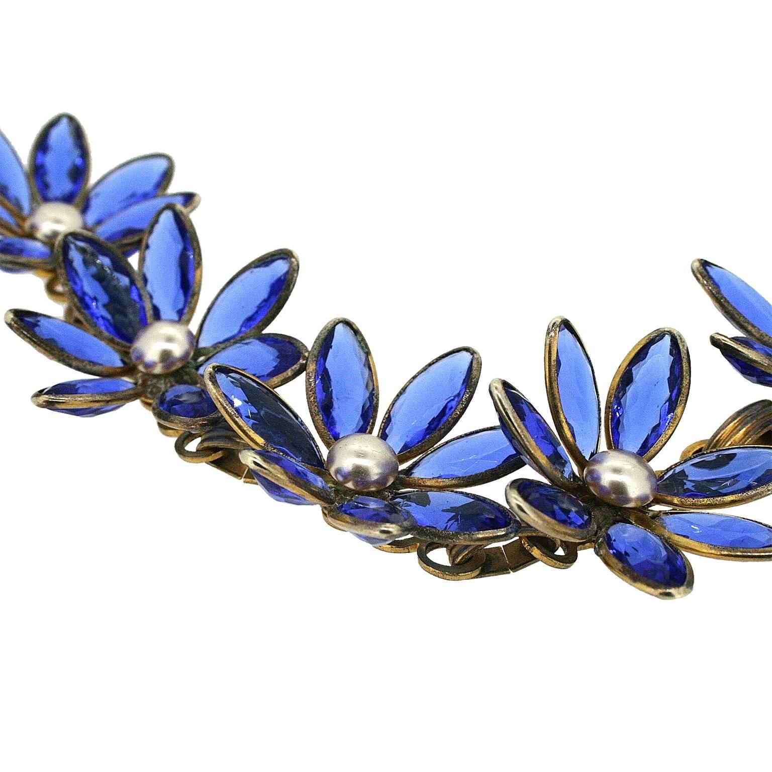 Women's 1940s Blue Rhinestone and Faux Pearl Vintage Flower Necklace  For Sale