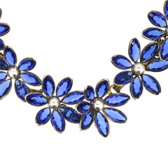 1940s Blue Rhinestone and Faux Pearl Vintage Flower Necklace