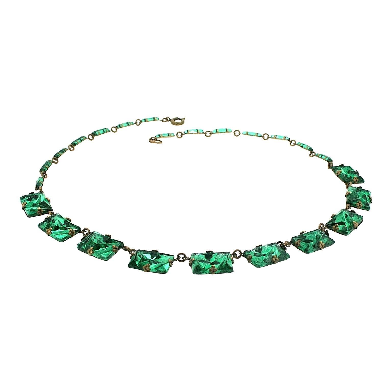 Women's 1920s Green Art Deco Mirror Glass Vintage Necklace For Sale