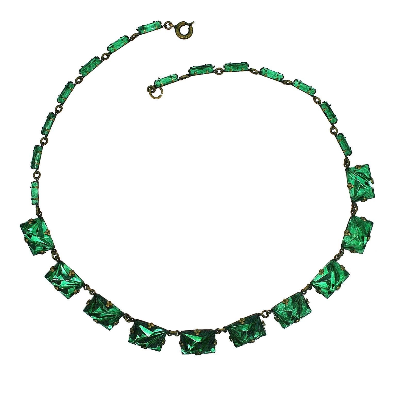 1920s Green Art Deco Mirror Glass Vintage Necklace For Sale