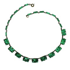 1920s Green Art Deco Mirror Glass Antique Necklace