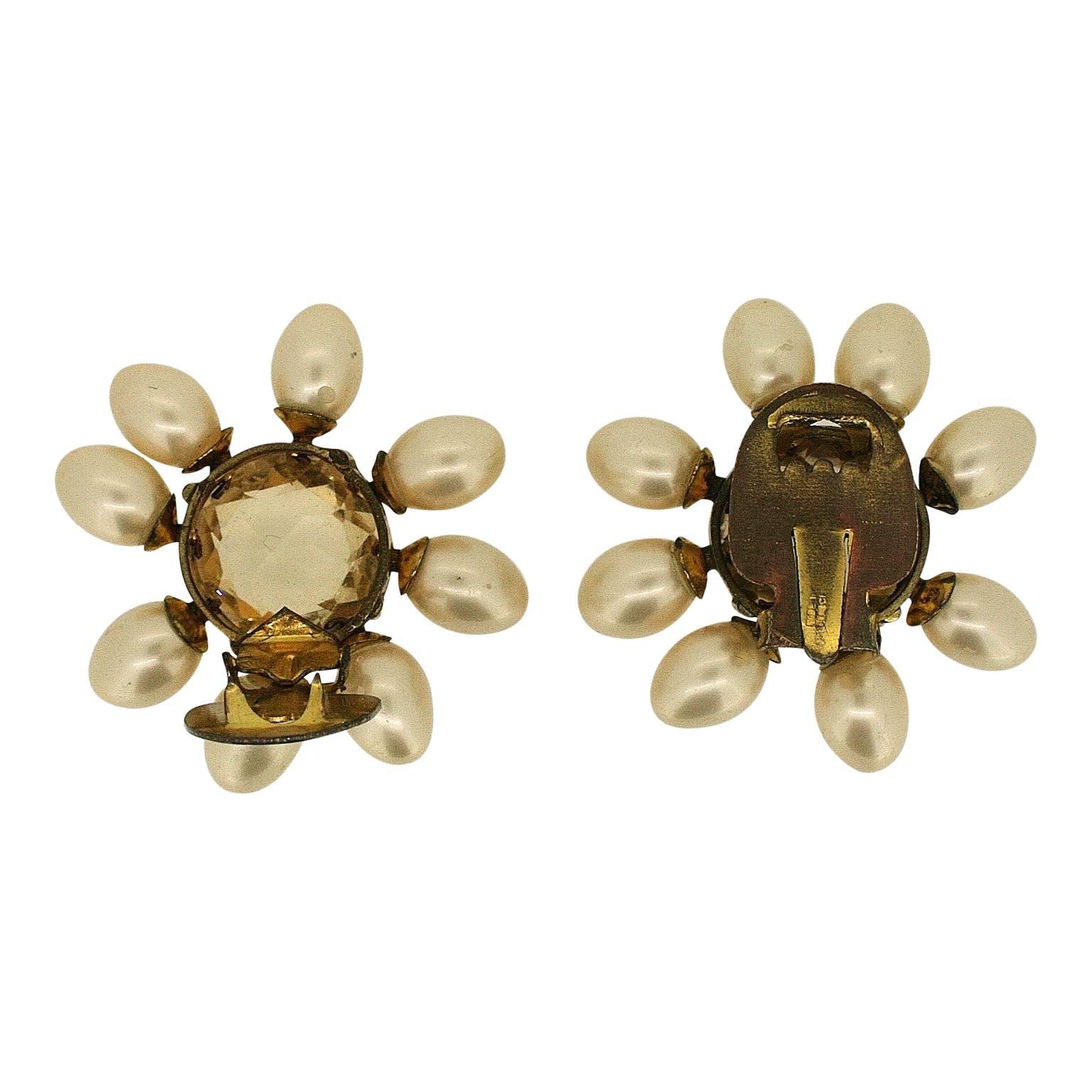 Women's 1930s French Crystal and Faux Pearl Vintage Flower Dress Clips For Sale