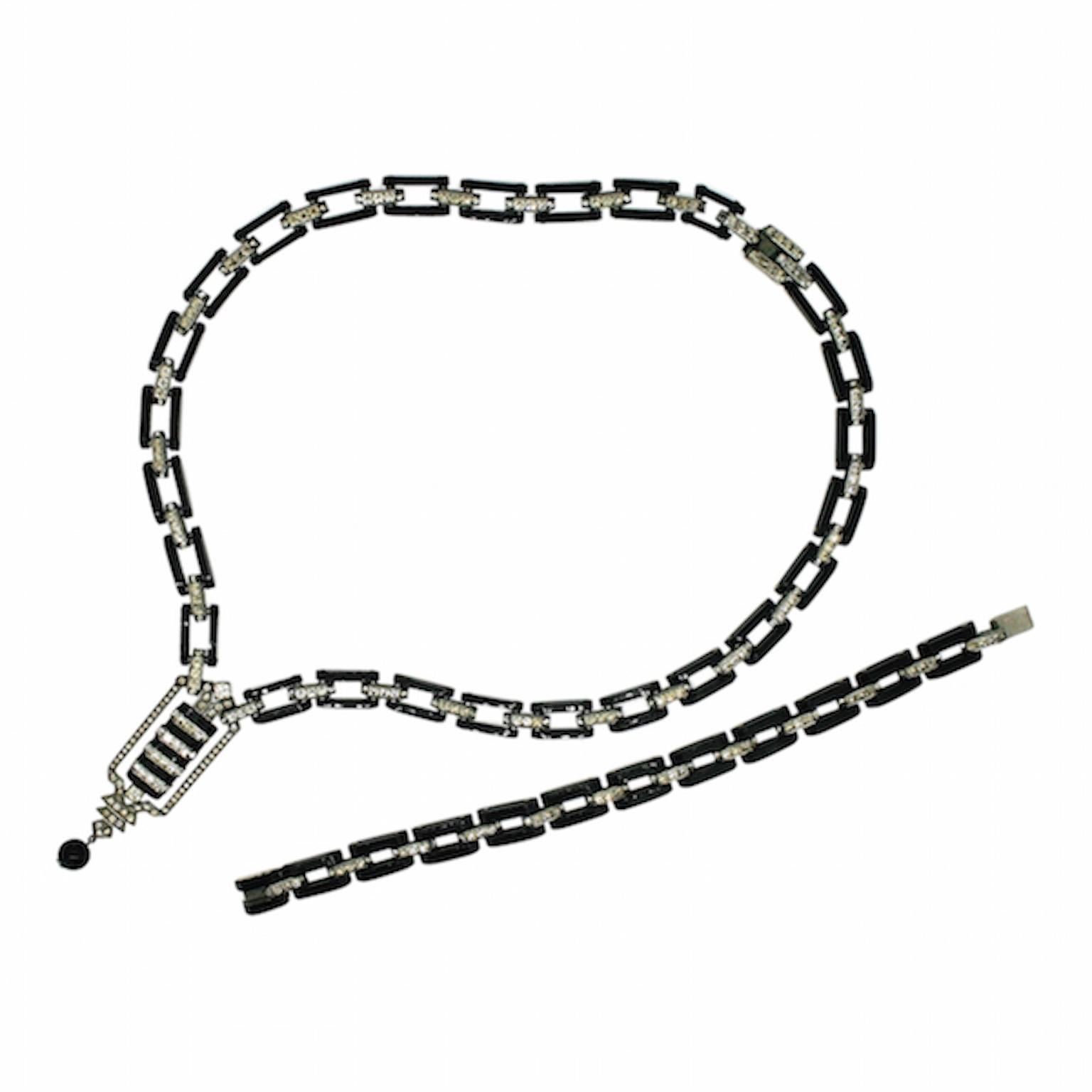DRGM 1920s Art Deco Black Plastic and Rhinestone Vintage Necklace & Bracelet Set