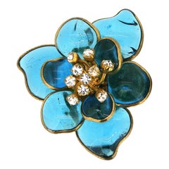 Gripoix 1960s Turquoise Poured Glass and Rhinestone Vintage Flower Earrings