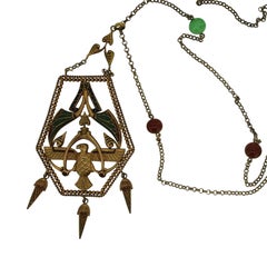 1920s Enamel and Glass Bead Egyptian Revival Vintage Pendant Necklace