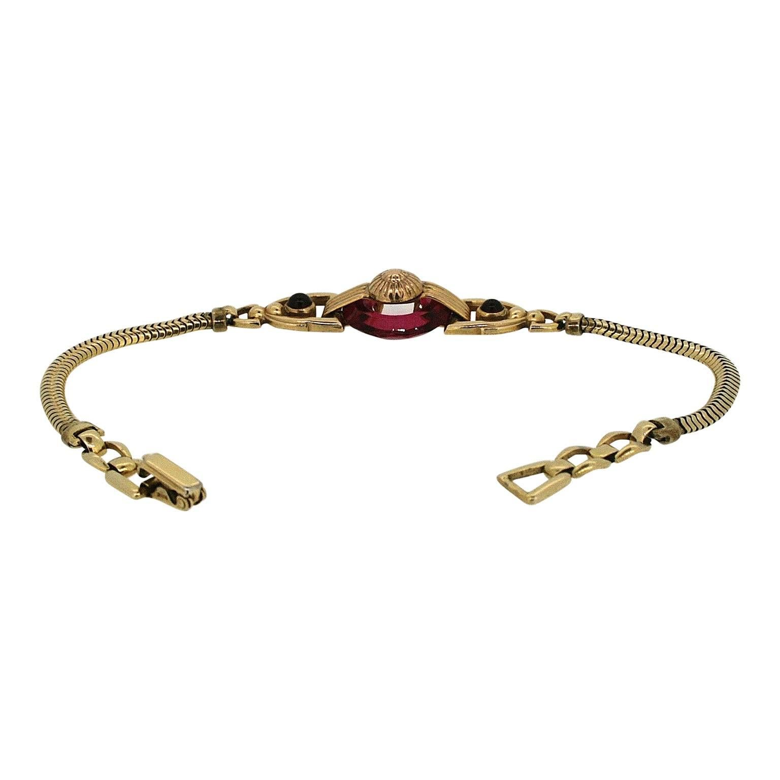 Women's Kreisler 1940s Gold Filled and Red Glass Vintage Bracelet