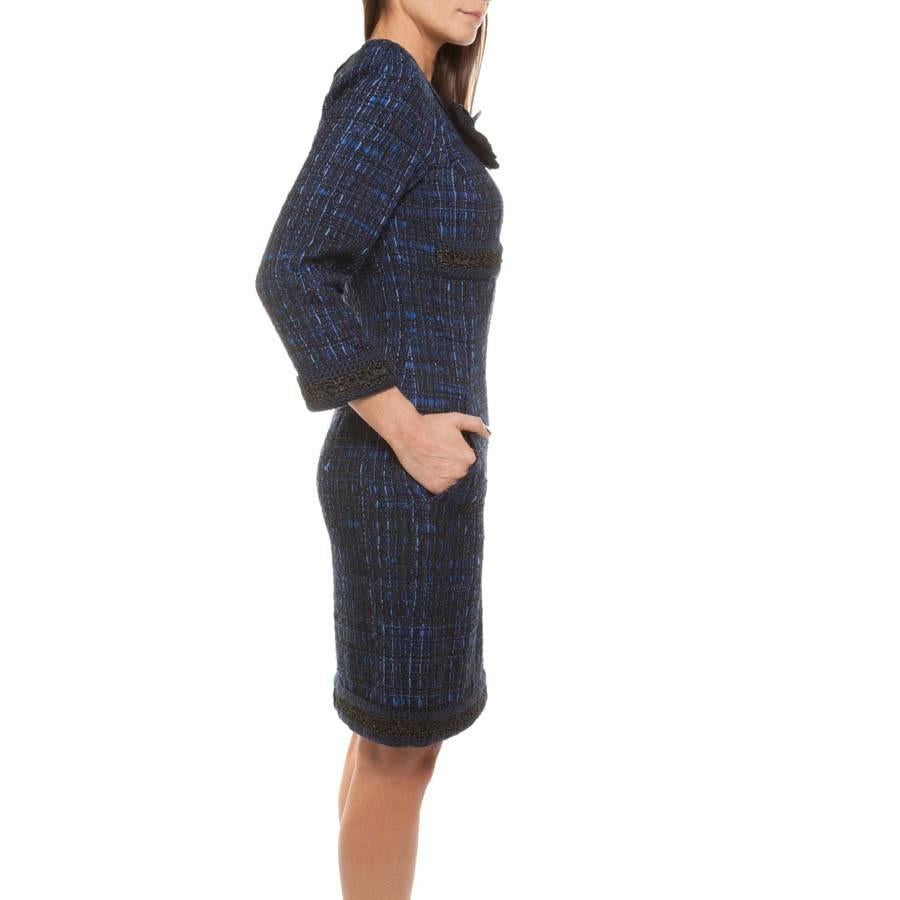 Black Chanel Dress Paris Shanghai Collection in Blue Silk Tweed and Bicolor Wool