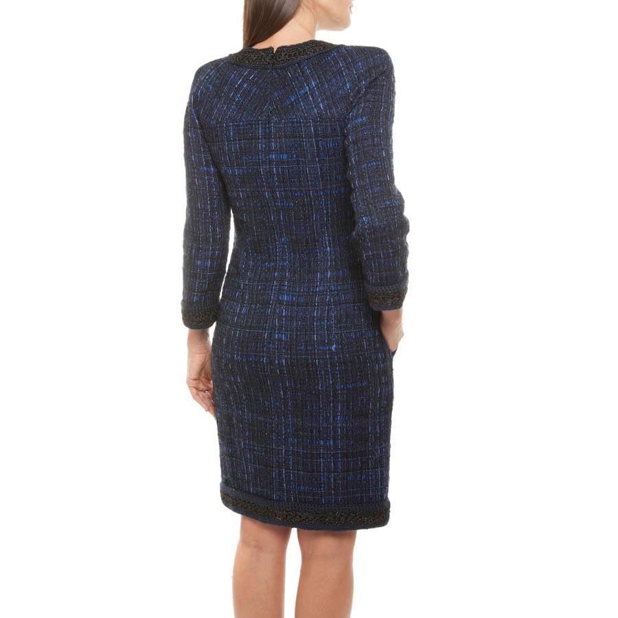 Women's Chanel Dress Paris Shanghai Collection in Blue Silk Tweed and Bicolor Wool