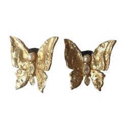 Vintage YVES SAINT LAURENT Gilt Metal, Glass Pearl Butterflies Clip-On Earrings