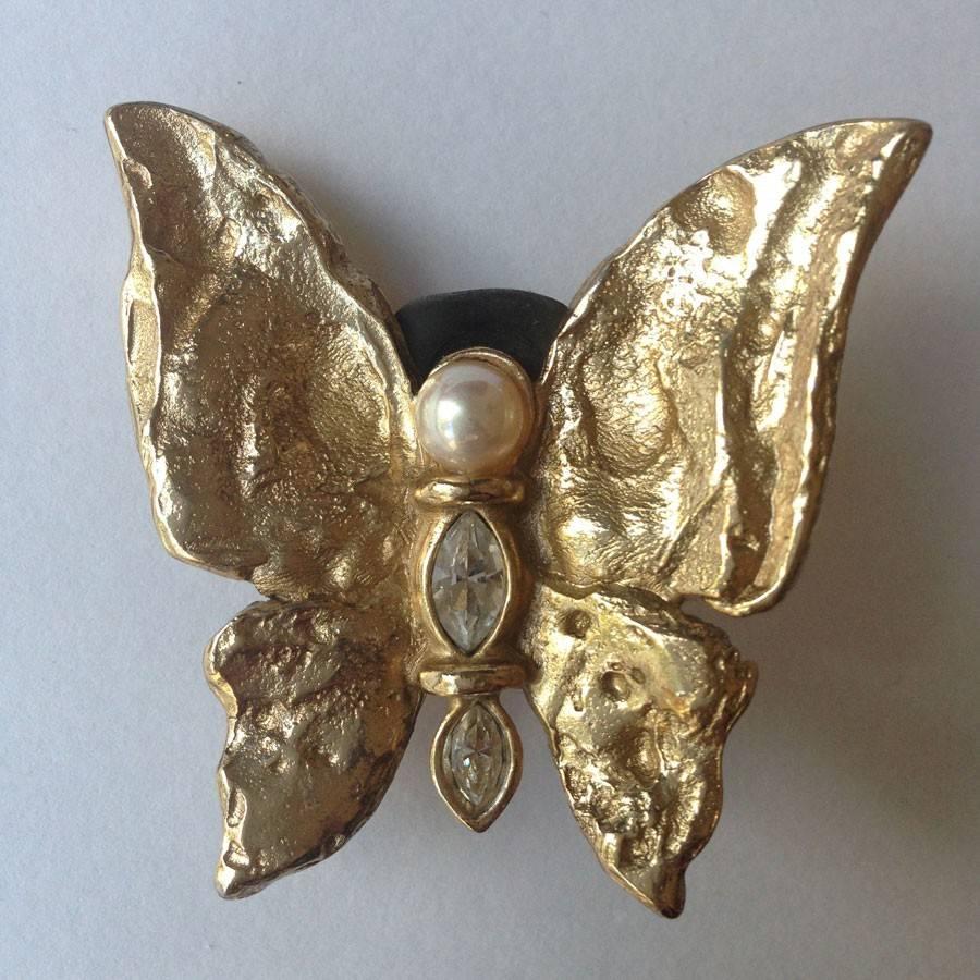 Women's YVES SAINT LAURENT Gilt Metal, Glass Pearl Butterflies Clip-On Earrings