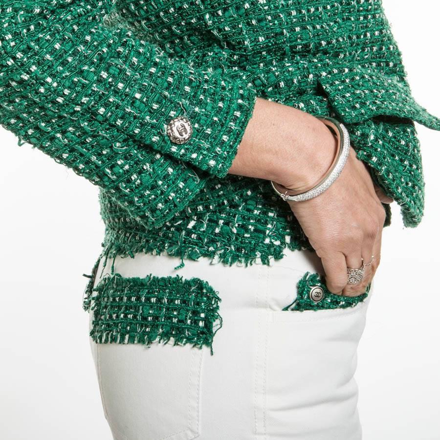 Chanel Set in Green Tweed and White Jeans 36FR 1
