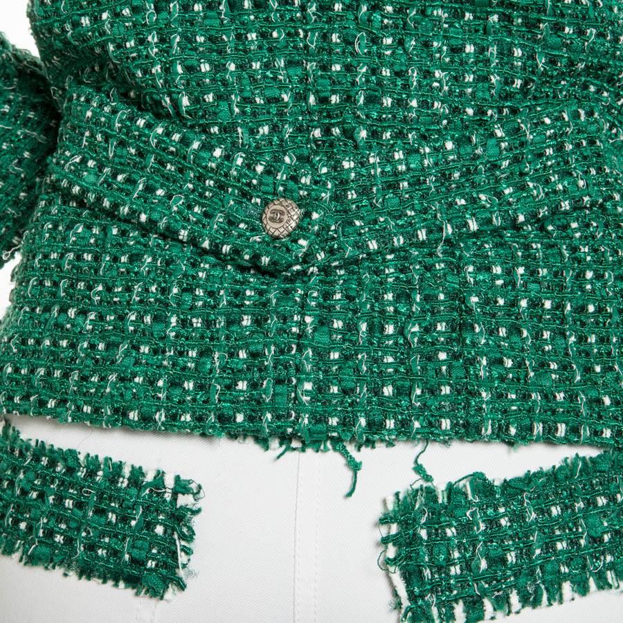 Chanel Set in Green Tweed and White Jeans 36FR 3