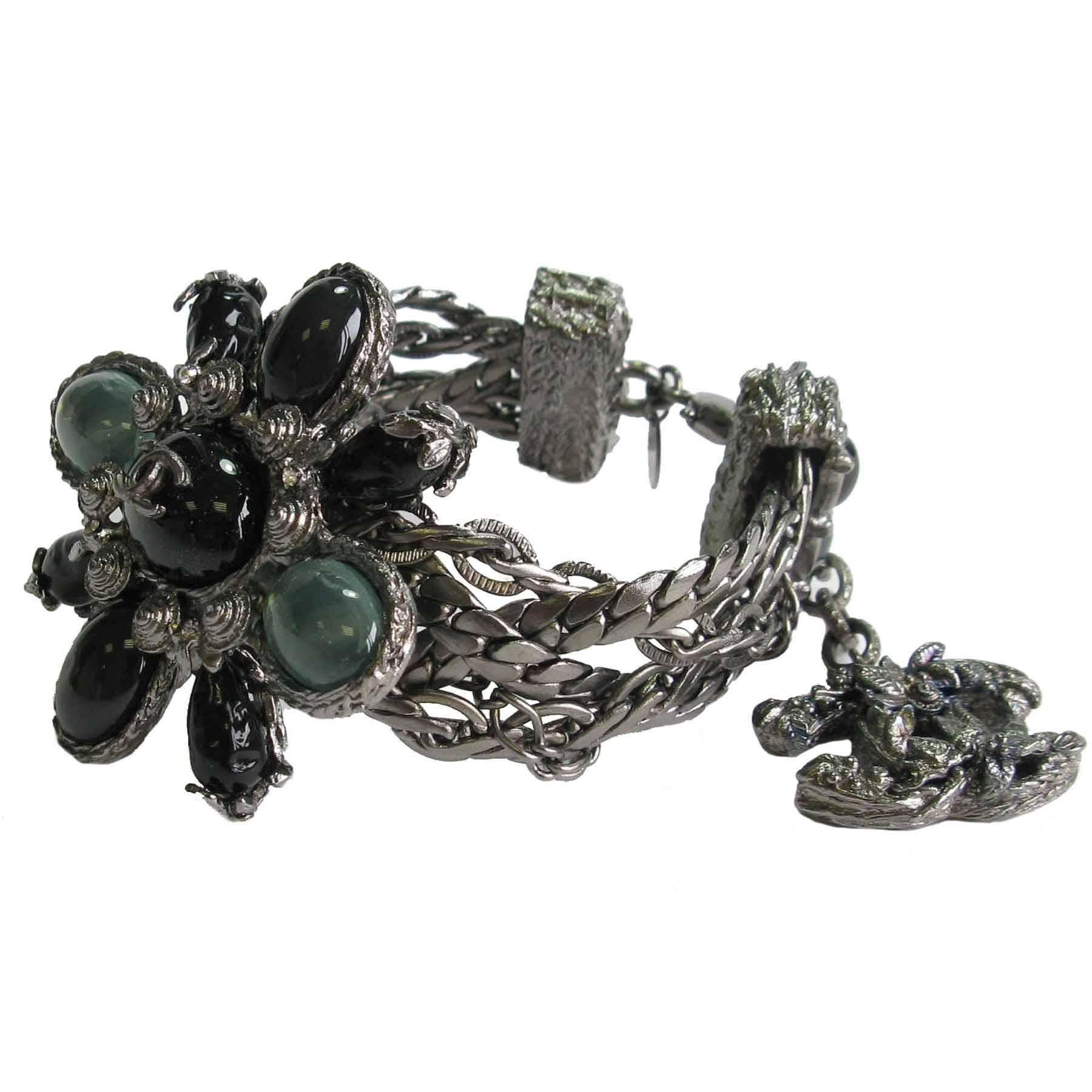 Chanel Silver Tone Multiple Chains and Cross Brooch in Green Resin Bracelet