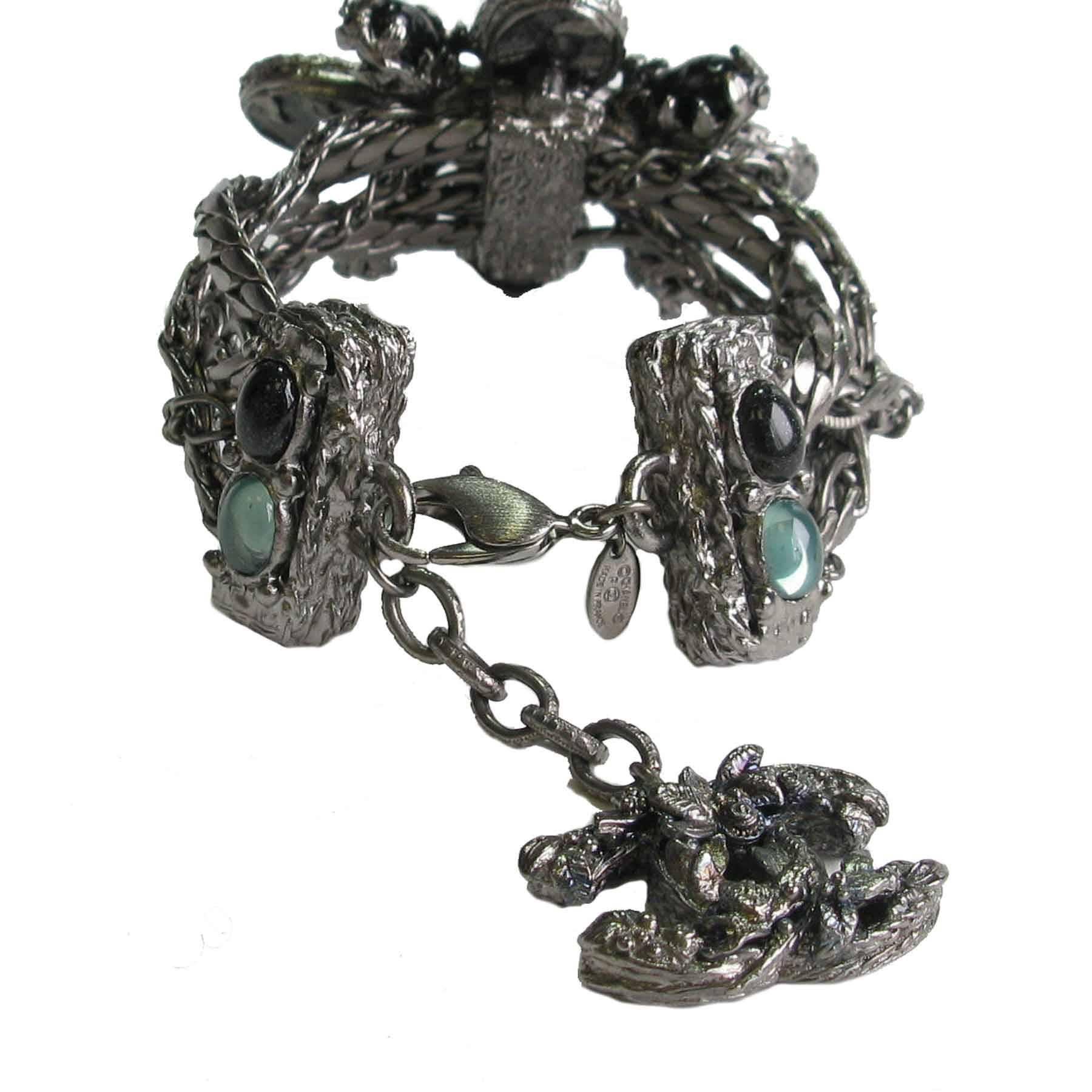 Chanel Silver Tone Multiple Chains and Cross Brooch in Green Resin Bracelet 1
