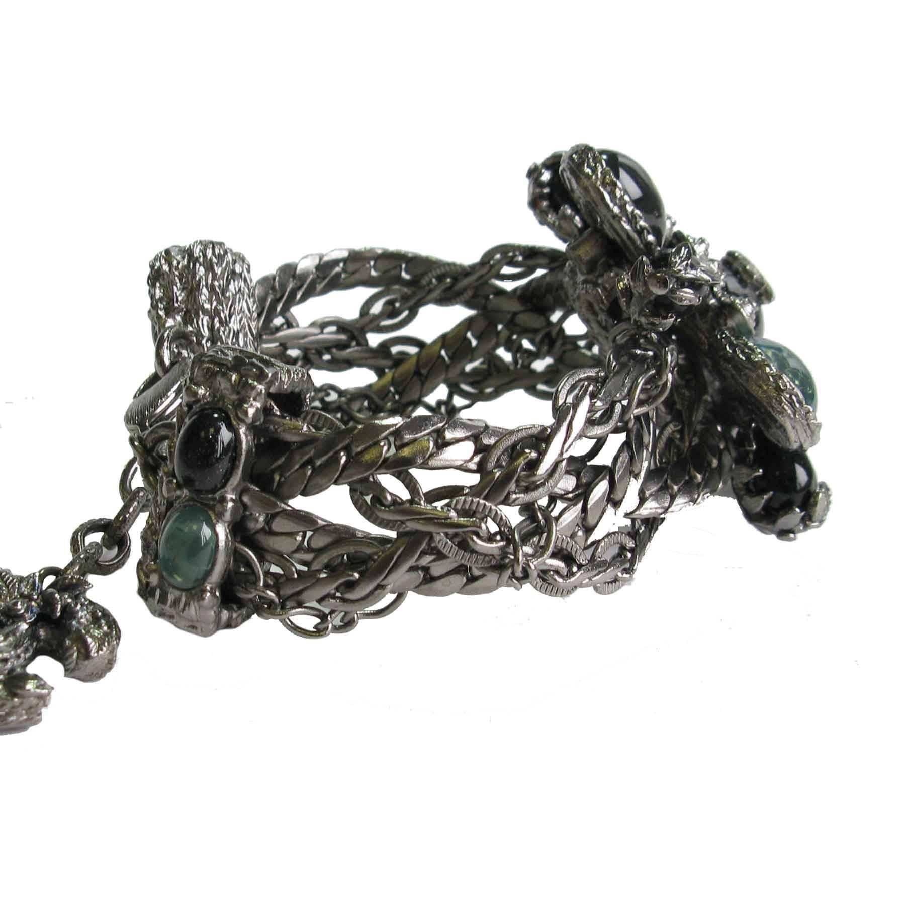 Women's Chanel Silver Tone Multiple Chains and Cross Brooch in Green Resin Bracelet