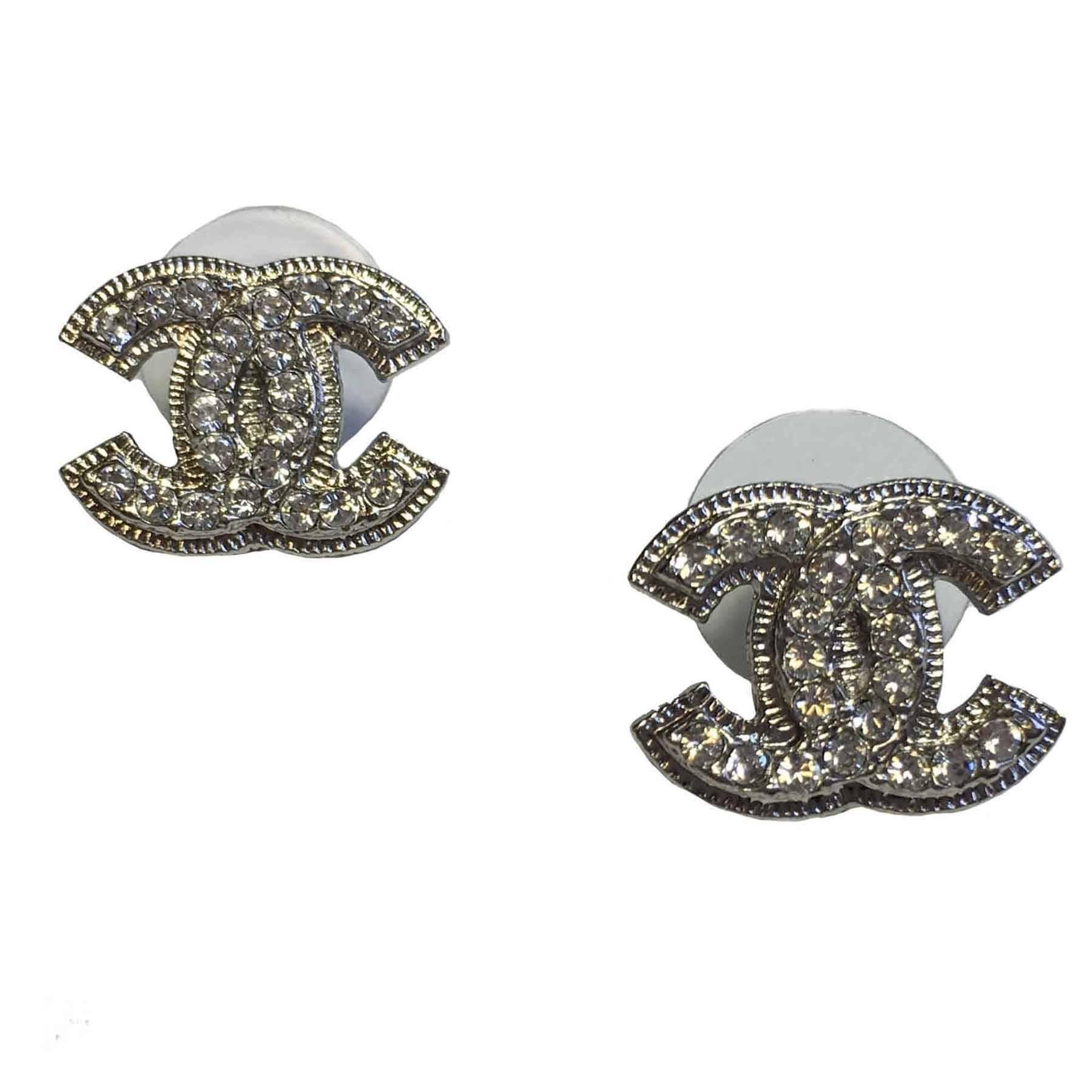 Chanel CC Silver Tone Studs Set With Rhinestones Earrings