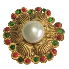 Vintage Chanel Gilt Metal, Glass Pearl and Colored Pearls Brooch