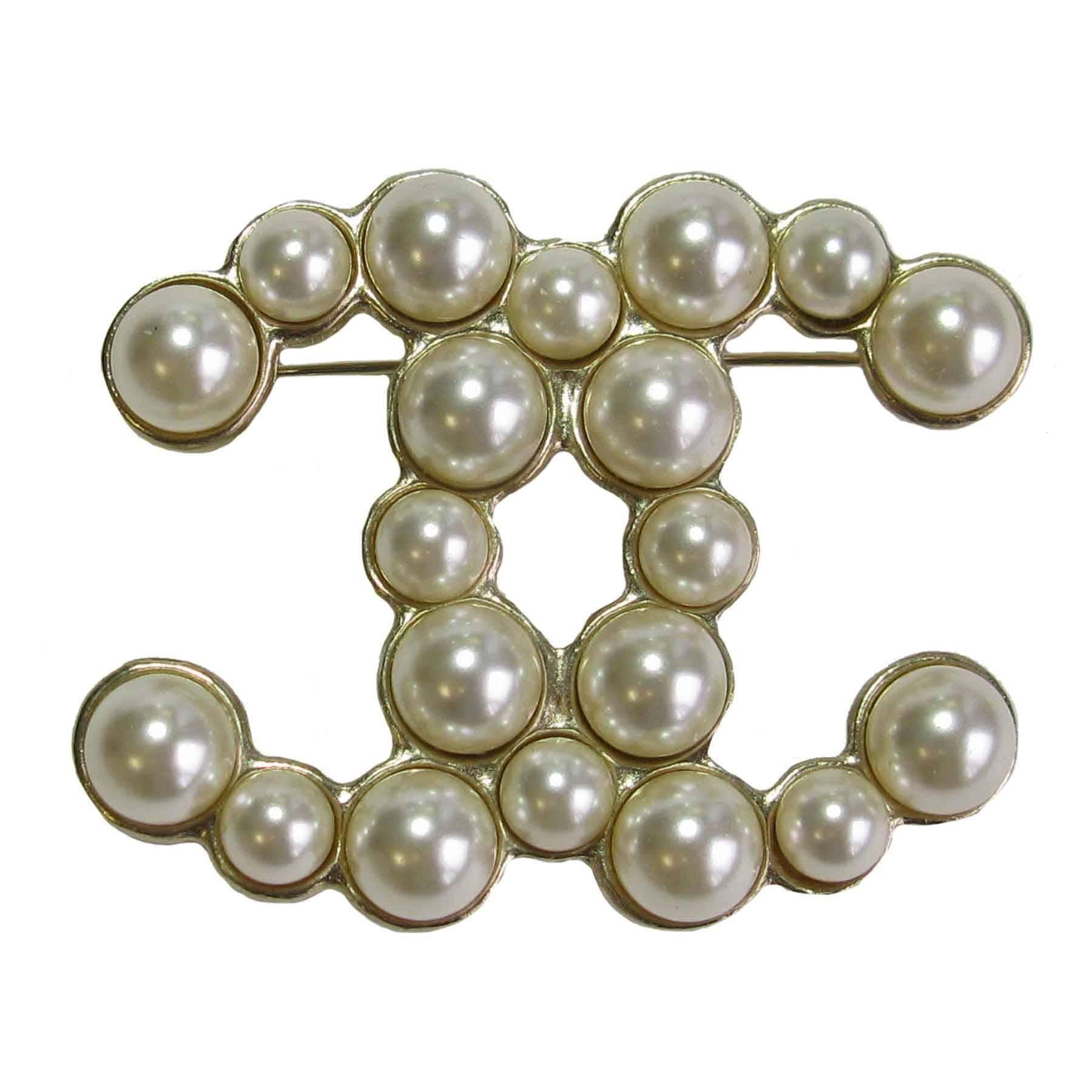 Chanel Gilt Metal and Glass Pearls CC Brooch