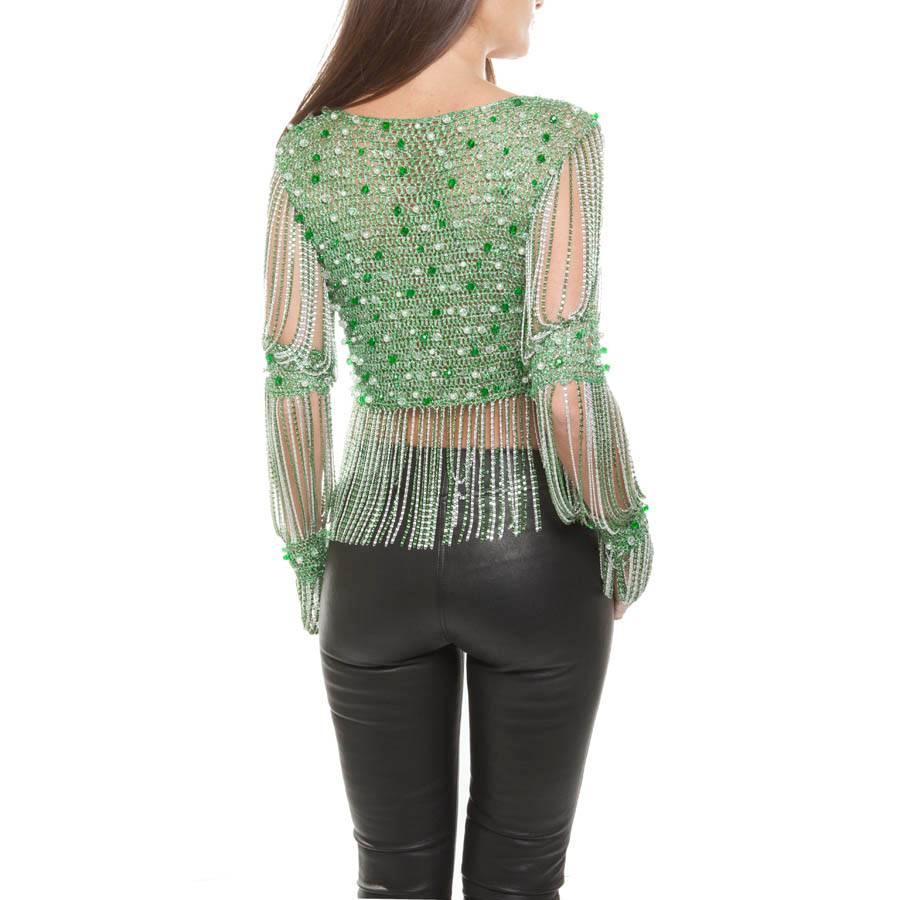 Azzaro Top in Crochet and Green Pearls In Good Condition For Sale In Paris, FR